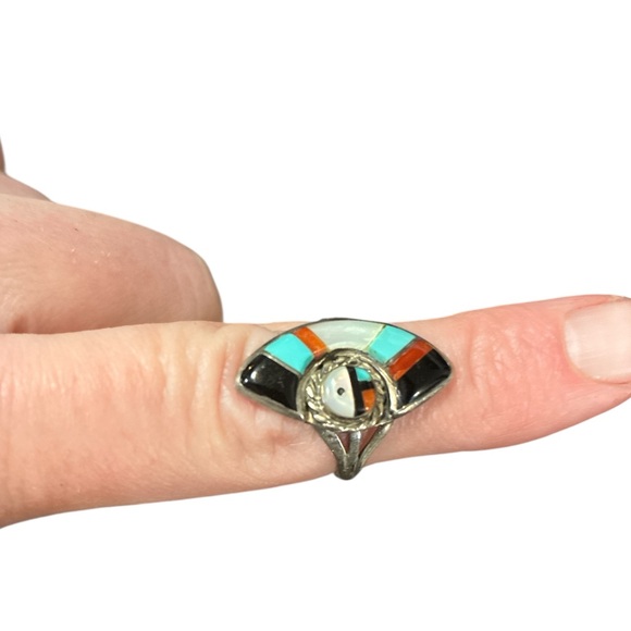 Native American Jewelry - Zuni Sterling Silver Sunburst Inlaid Ring ~ Size 5 1/2